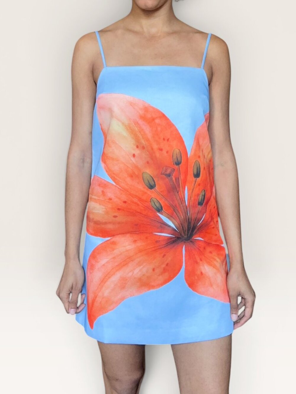 Line & Dot Avah Mini Slip Dress in Sky Blue and Orange w. Lily Print Small